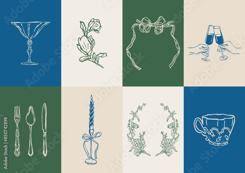 Minimalist Dolce Vita vector illustration collection. Art for greeting cards, wedding invitations, poster design, postcards, branding, logo design, background.