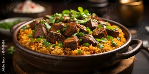 Traditional West African jollof rice with meat and mushrooms A detailed closeup. Concept Food Photography, West African Cuisine, Jollof Rice, Meat and Mushrooms, Close-up Shot