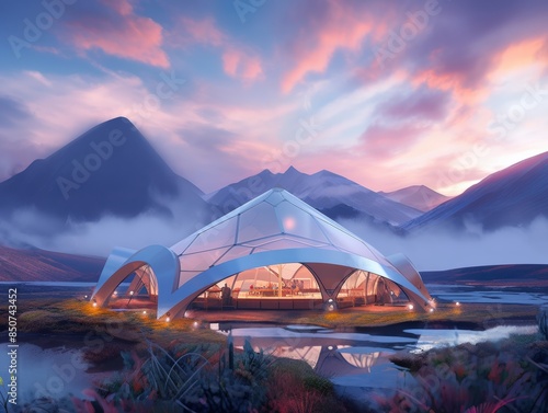 Futuristic geodesic dome structure in a serene mountainous landscape at sunset, blending technology and nature seamlessly. photo