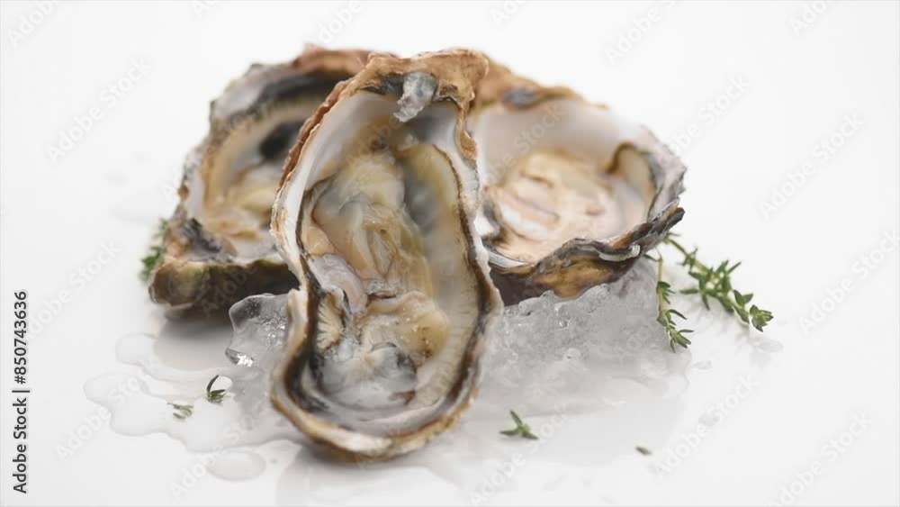 Oysters on ice, isolated on white background, rotating. Healthy sea food. French Fresh Oyster, dinner in restaurant. Gourmet food. Sea food, Slow motion Oysters on ice, isolated on white background, rotating. Healthy sea food. French Fresh Oyster, dinner in restaurant. Gourmet food. Sea food, Slow motion