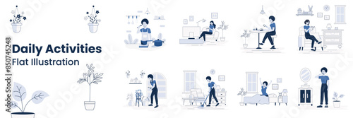Daily Activities Flat Illustration, Woman cooking in the kitchen, Brushes her teeth, reading a book on the sofa, sweeping the Floor, watches TV, wakes up, Having Breakfast, gardener waters his plants.