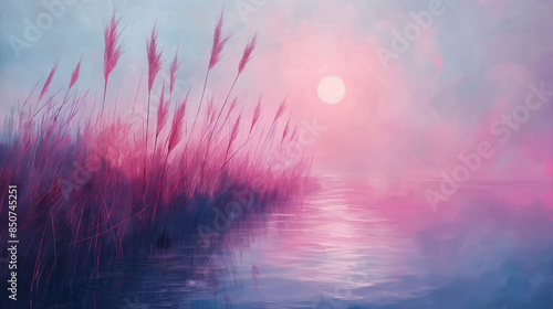 painting of pastel colors Reeds by the Lake , minimal work style of Jan Matson, bright pastel colors.