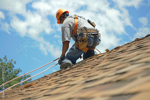 Wallpaper Mural Working at height equipment. Fall arrestor device for worker with hooks for safety body harness. Install concrete roof tiles on the roof above. Torontodigital.ca