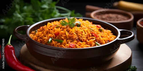 Delicious Ghanaian dish jollof rice. Concept Ghanaian Cuisine, Jollof Rice, West African Food, Traditional Recipes