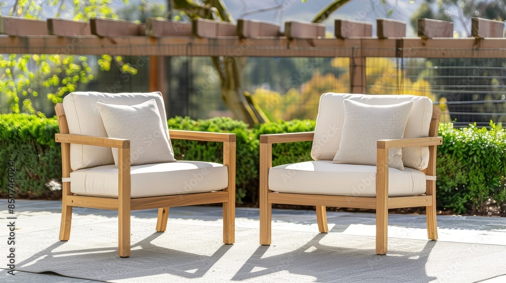 Outdoor Natural Wood and Cream Fabric Chairs with Cushions Set of Two on an Area Rug Outdoor Natural Wood and Cream Fabric Chairs with Cushions Set of Two on an Area Rug