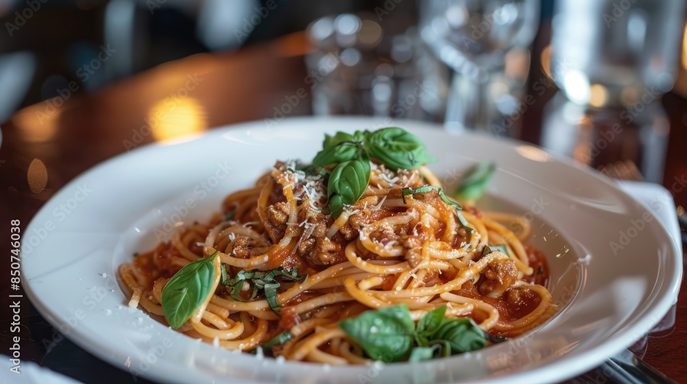 Spaghetti with meat sauce and basil on a white plate Spaghetti with meat sauce and basil on a white plate