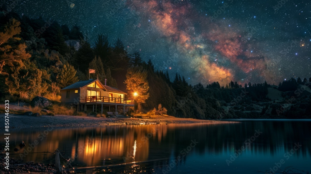 Fototapeta premium Reflections on the surface of a serene lake, showing a rotating star trail, symbolizing time and celestial movement, PhotoReel