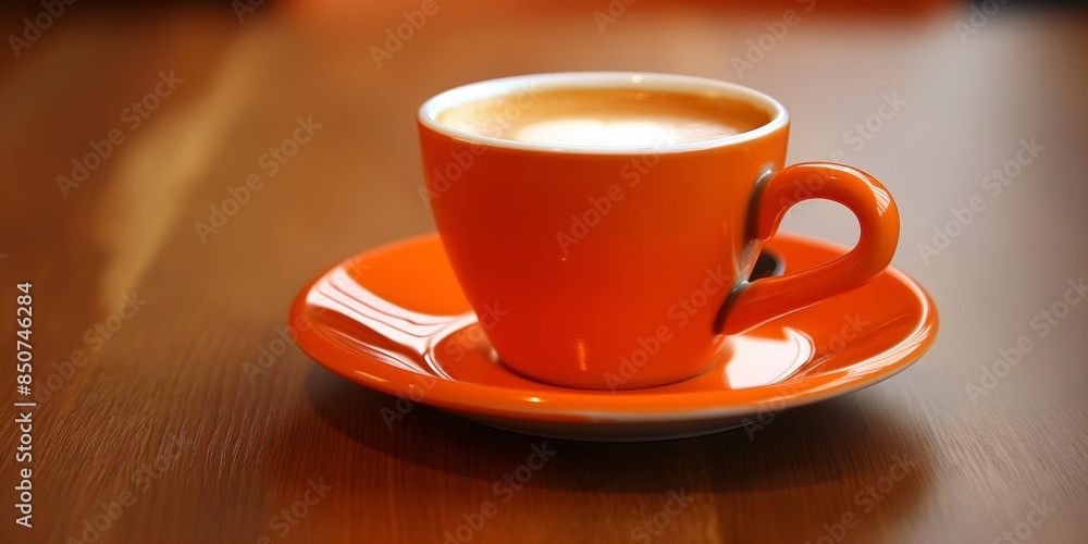 A vibrant orange coffee cup full of coffee rests on a polished wooden surface, creating a warm scene A vibrant orange coffee cup full of coffee rests on a polished wooden surface, creating a warm scene