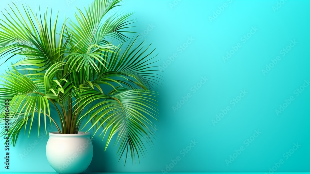 Obraz premium Fresh green potted palm on vibrant blue background