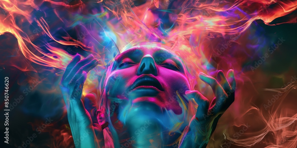 Outstretched hands are reaching toward an array of mesmerizing, multicolored light patterns around a face, as if to touch or harness them Outstretched hands are reaching toward an array of mesmerizing, multicolored light patterns around a face, as if to touch or harness them