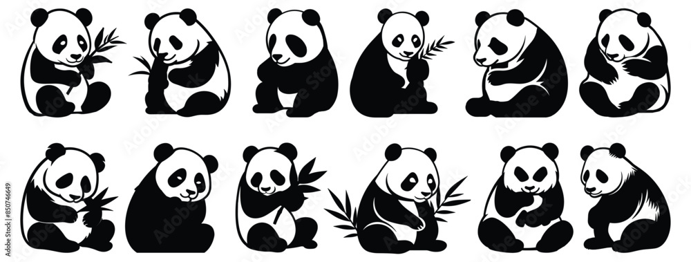 Fototapeta premium Panda silhouettes set, pack of vector silhouette design, isolated background