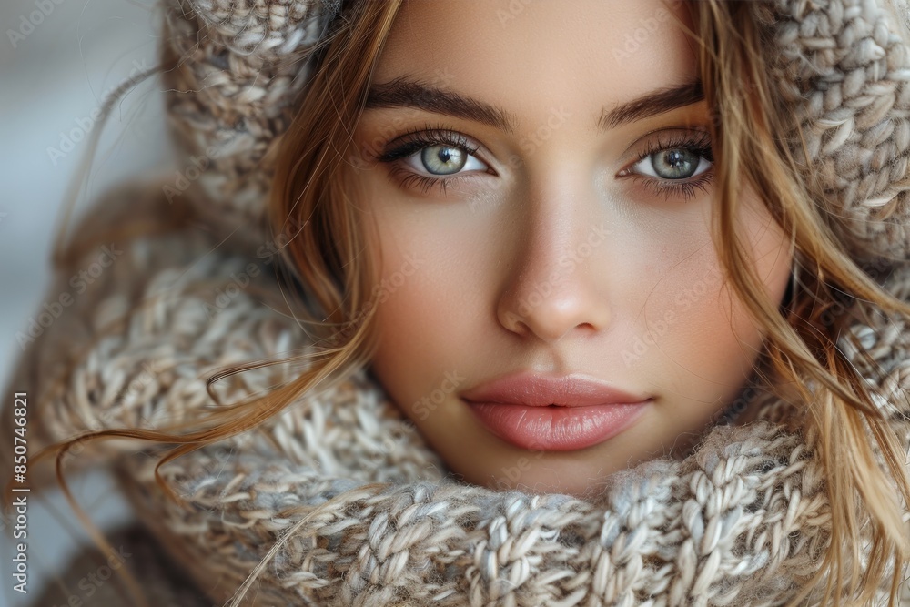 An alluring woman with striking features covered by a chunky knitted hat and scarf An alluring woman with striking features covered by a chunky knitted hat and scarf