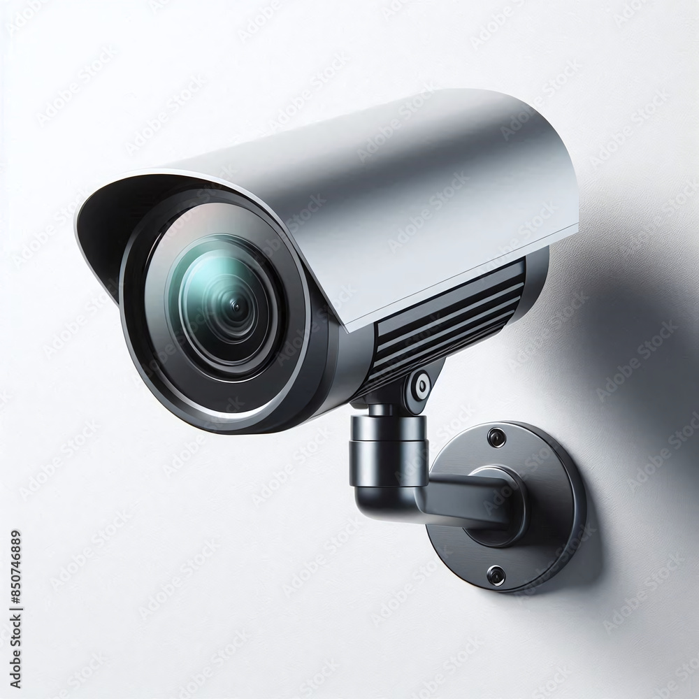Sleek Wall-Mounted Security Camera, White Background Sleek Wall-Mounted Security Camera, White Background