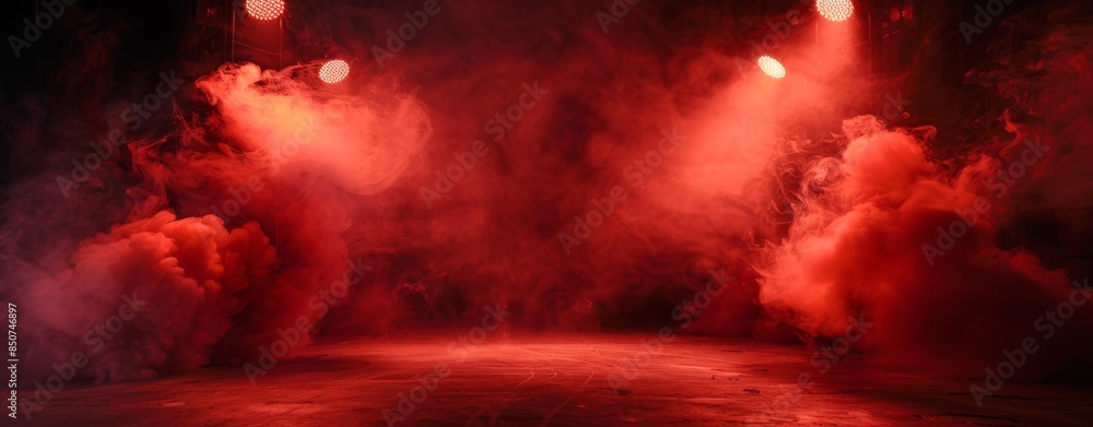 Fototapeta premium The dark stage shows, empty peaches, salmons, corals, a rose background, neons, spotlights, an asphalt floor, and a smokey studio room.