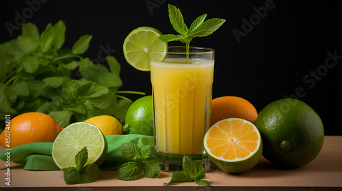 A glass of orange juice with lime and mint leaves on the side