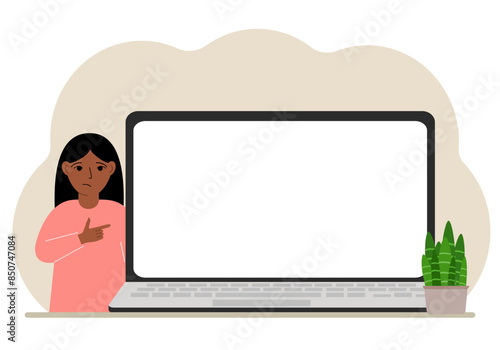A small girl next to a large laptop with a lot of space for text. Vector flat illustration