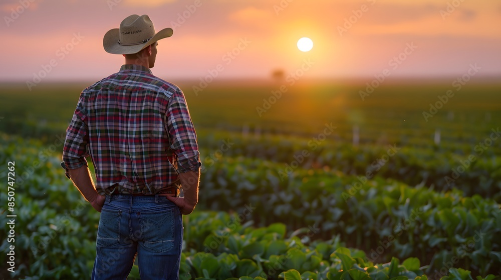 A farmer wearing a plaid shirt and cowboy hat stands in the middle of his field, looking at the sunset. it feels like being alone amidst nature. It creates a feeling of solitude. A farmer wearing a plaid shirt and cowboy hat stands in the middle of his field, looking at the sunset. it feels like being alone amidst nature. It creates a feeling of solitude.