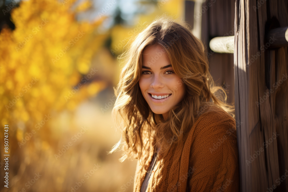 Individual by a rustic fence, vibrant fall colors, warm light, close-up, gentle smile Individual by a rustic fence, vibrant fall colors, warm light, close-up, gentle smile