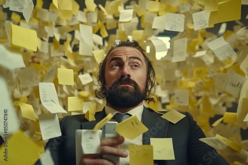 Overloaded employee, sticky notes everywhere, phone ringing, panicked look, medium shot