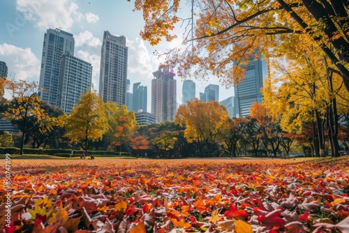 Panoramic view of a city park during the vibrant fall season, colorful foliage contrasting with skyscrapers
