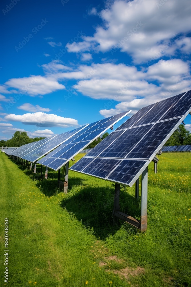 Solar panel field, green pastures, bright sunlight, renewable energy, eco-conscious landscape Solar panel field, green pastures, bright sunlight, renewable energy, eco-conscious landscape