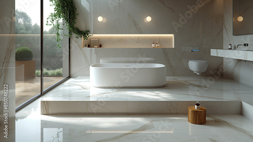 A big bathroom covered with white marble slabs with vertical parallel lines on some slabs, wc and bidet supended, the sink and freestanfing bathtub are a suspended white marble slab with white marble  photo