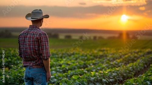 A farmer wearing a plaid shirt and cowboy hat stands in the middle of his field, looking at the sunset. it feels like being alone amidst nature. It creates a feeling of solitude. © horizon