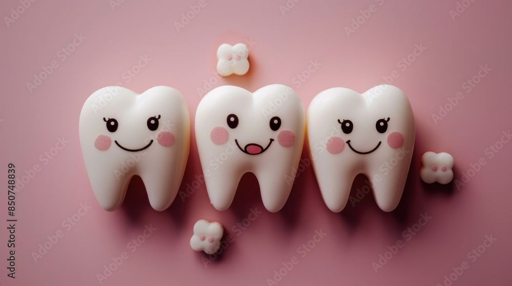 white cute smiling tooth characters with faces smile on pink background wide angle white cute smiling tooth characters with faces smile on pink background wide angle