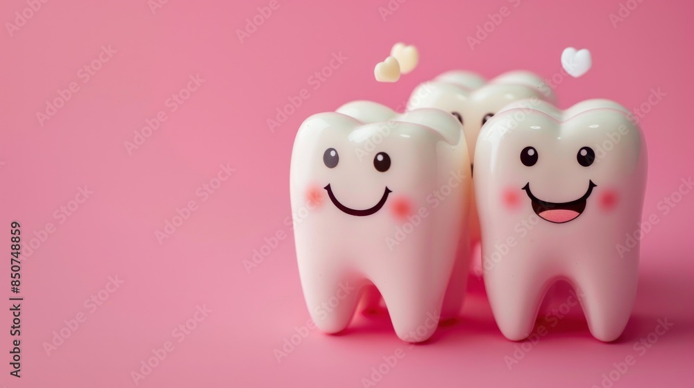 white cute smiling tooth characters with faces smile on pink background wide angle white cute smiling tooth characters with faces smile on pink background wide angle