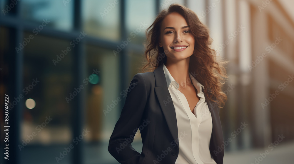 A confident young woman in a blazer, standing in front of a large window, smiling