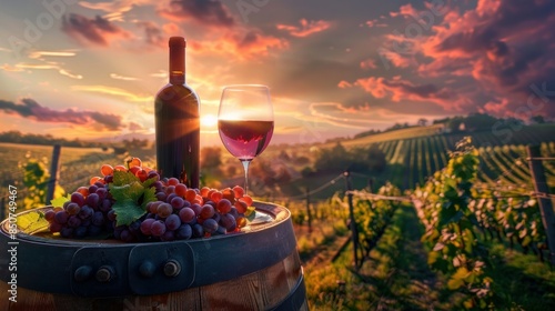 Wine bottle and glass with grapes on a wooden barrel on a vineyard landscape at sunrise wide angle lens photo