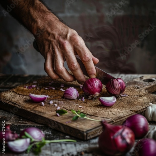 Hands of a man cutting onions with a knife on a wooden board
