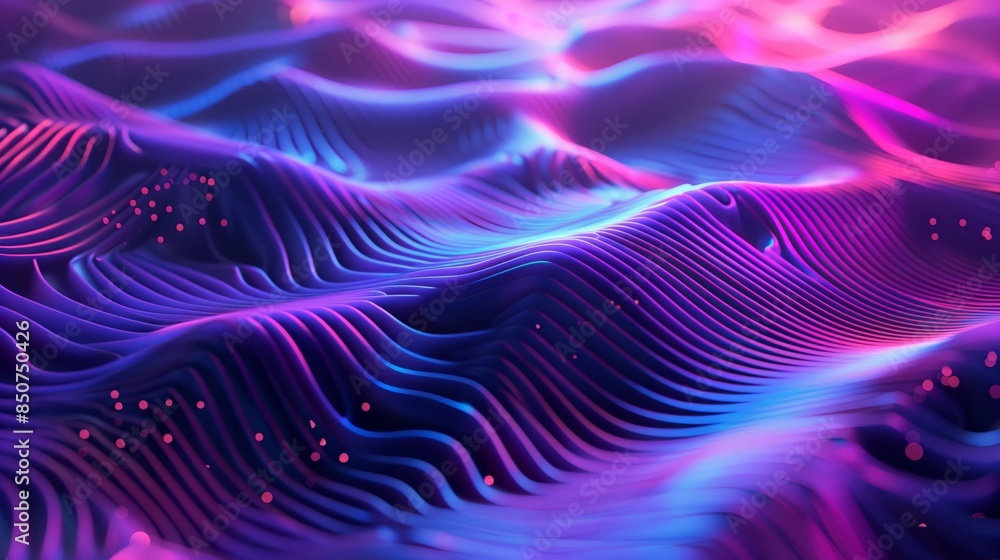 An abstract background with wavy lines and neon glowing elements in the style of dark blue purple gradient. An abstract background with wavy lines and neon glowing elements in the style of dark blue purple gradient.