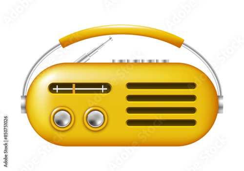 Retro radio icon. Yellow radio. Vector 3D clipart isolated on white background.