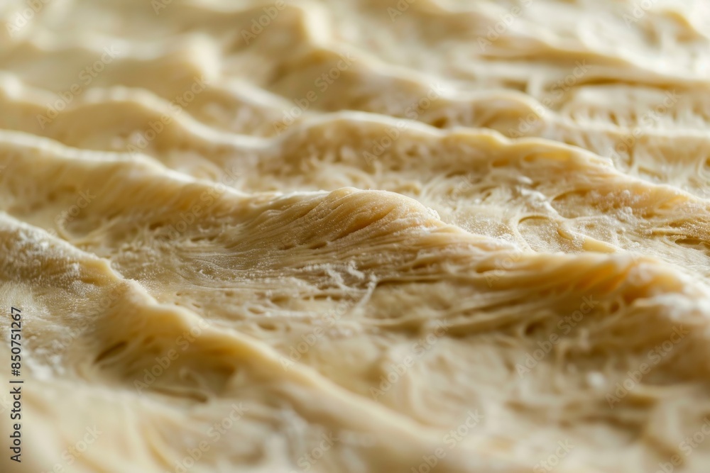 Pizza dough close-up with visible flour and water droplets, created using stock artificial intelligence Pizza dough close-up with visible flour and water droplets, created using stock artificial intelligence