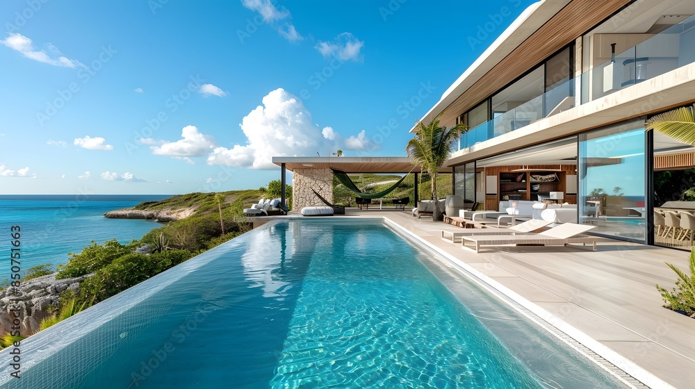 Fototapeta premium A sleek beachfront bungalow at Coral Bay, featuring glass facades and polished wood, infinity pool, hammocks, clear skies, contemporary coastal architecture, embodying simplicity.