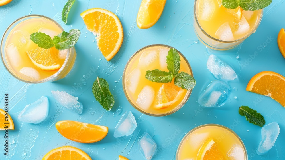 Refreshing summer orange juice with mint and ice on a blue background Refreshing summer orange juice with mint and ice on a blue background