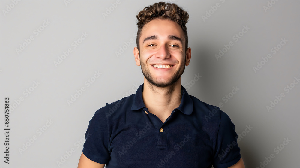 Obraz premium A happy millennial man in a polo shirt, confidently smiling against a solid grey background