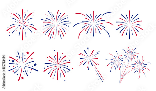  Fireworks Fourth of July.Set of fireworks with a red and blue stars and sparks . United states of america independence day fireworks. Red, blue fireworks for 4th of July .