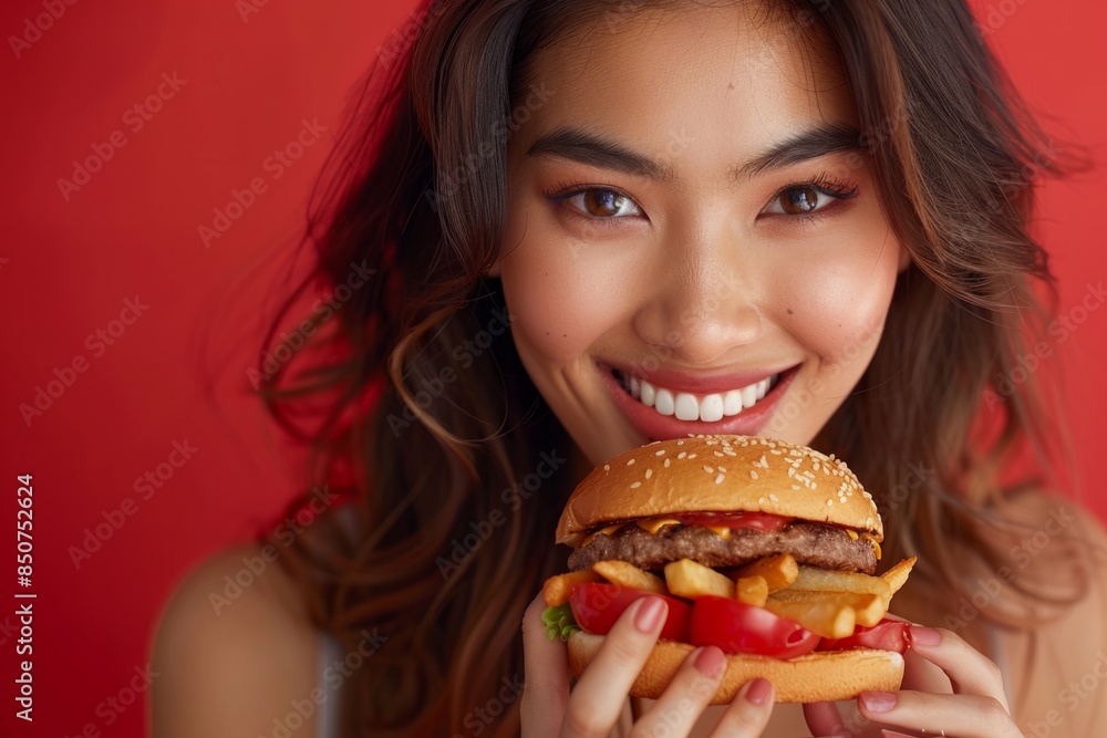 Smiling woman holding a burger and fries, ideal for food advertisements, fast food promotions, and lifestyle blogs Smiling woman holding a burger and fries, ideal for food advertisements, fast food promotions, and lifestyle blogs