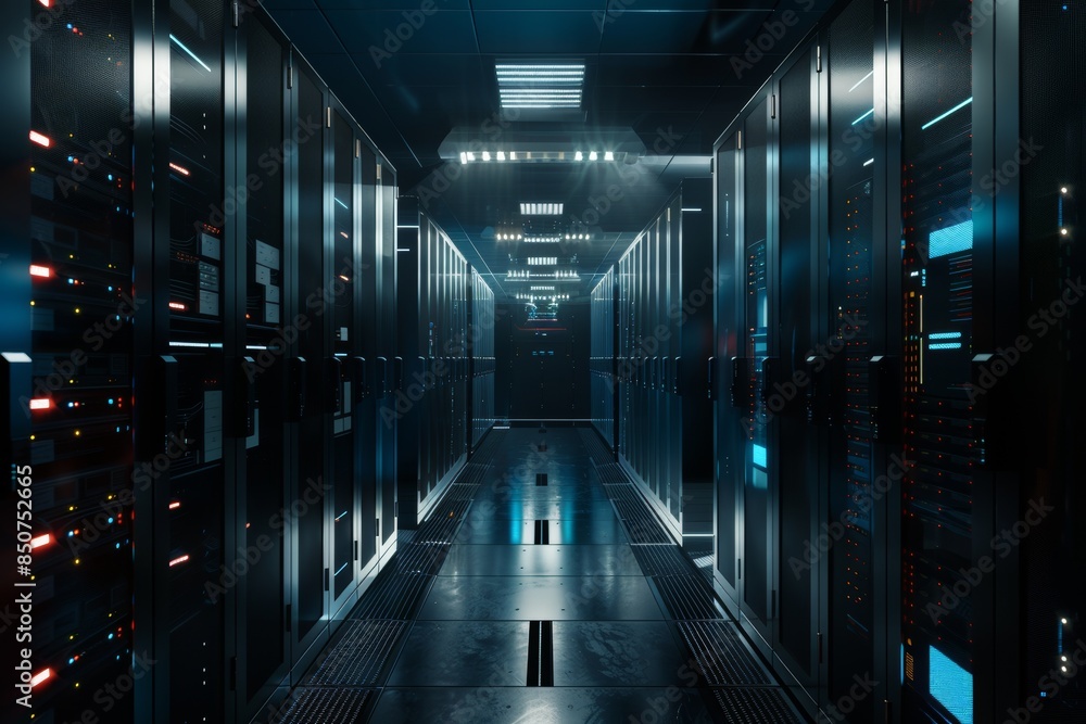 Fototapeta premium In the background, a data center humming with sleek and powerful servers is created using stock artificial intelligence (AI)