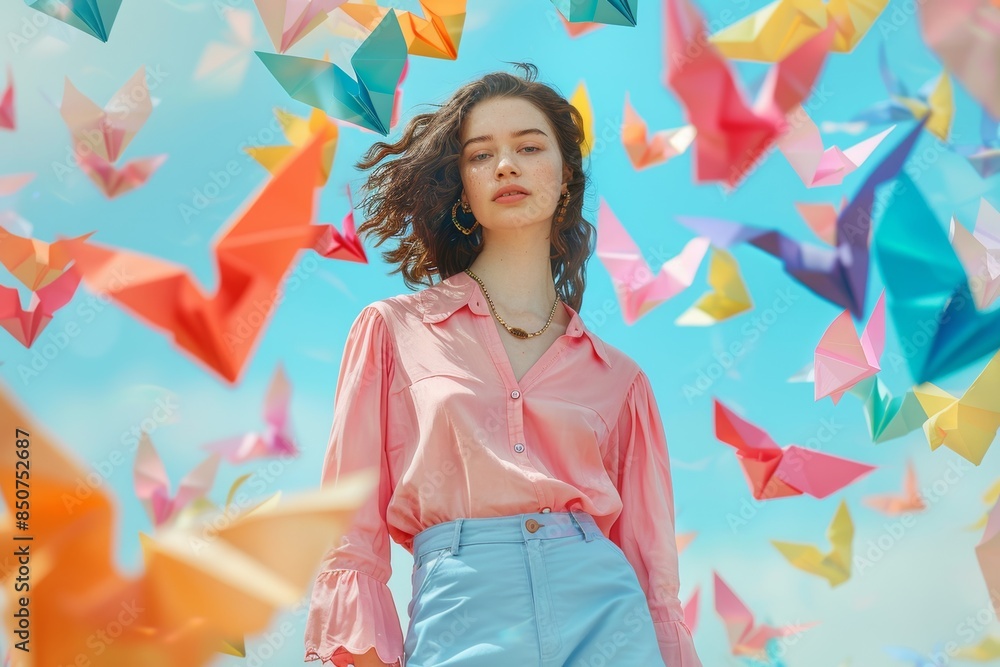 Woman In Pink Blouse Surrounded By Colorful Paper Birds Woman In Pink Blouse Surrounded By Colorful Paper Birds