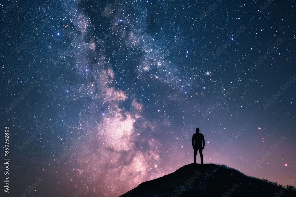 Fototapeta premium Walking silhouette under a clear and starry sky under the milky way.