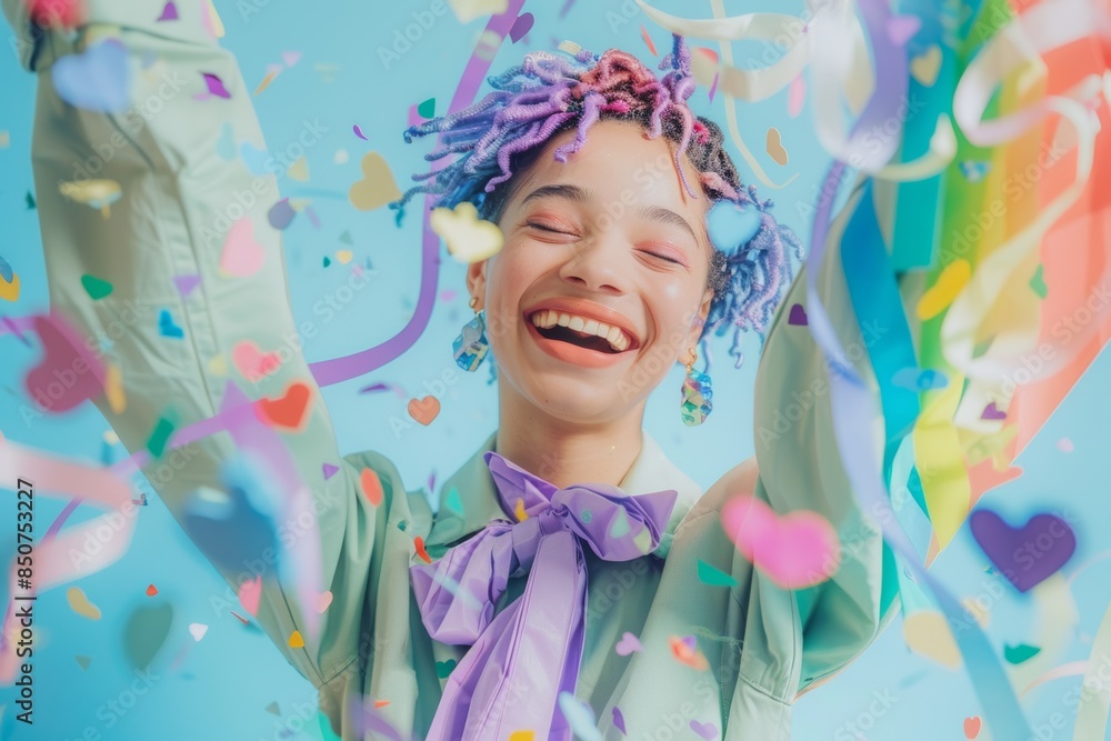 Young Woman in Green Jumpsuit Celebrates With Confetti Young Woman in Green Jumpsuit Celebrates With Confetti