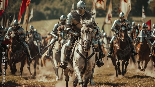 Group of European knights in armor on horseback at the time of the Middle Ages. Stock photo