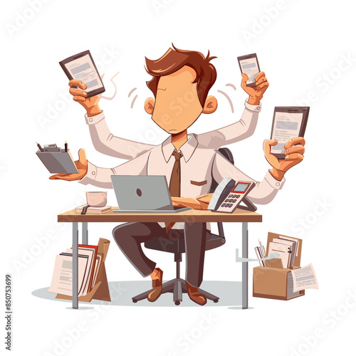 Cartoon man working at the office in the style of multi orchestral with many arms