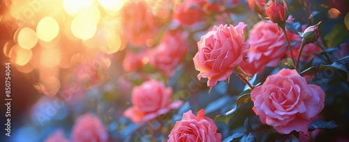 Wallpaper Mural Pink Rose Bush Blooming in Warm Sunlight Torontodigital.ca