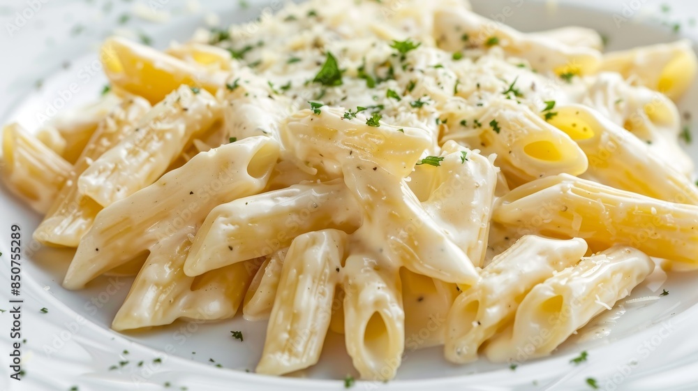 Elegant penne pasta coated in creamy Alfredo sauce, garnished with parsley on white plate, isolated Elegant penne pasta coated in creamy Alfredo sauce, garnished with parsley on white plate, isolated