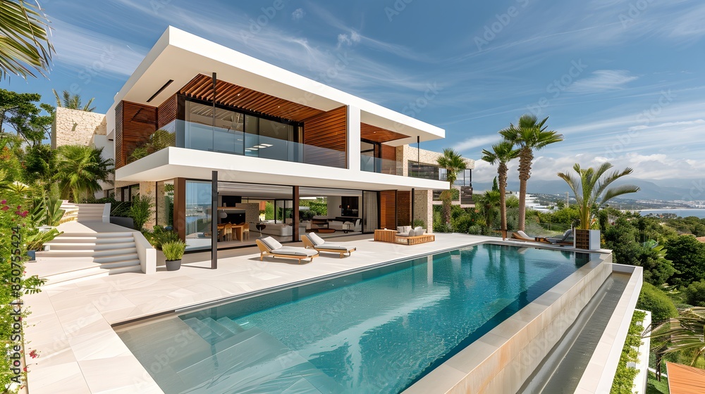 An elegant modern villa with large terraces overlooking the sea, white walls and wooden accents, featuring outdoor seating areas for relaxation, an infinity pool with clear blue water.