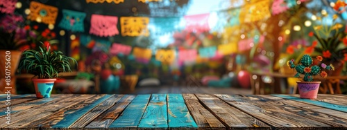 Wooden Tabletop With Festive Decorations in a Mexican Street